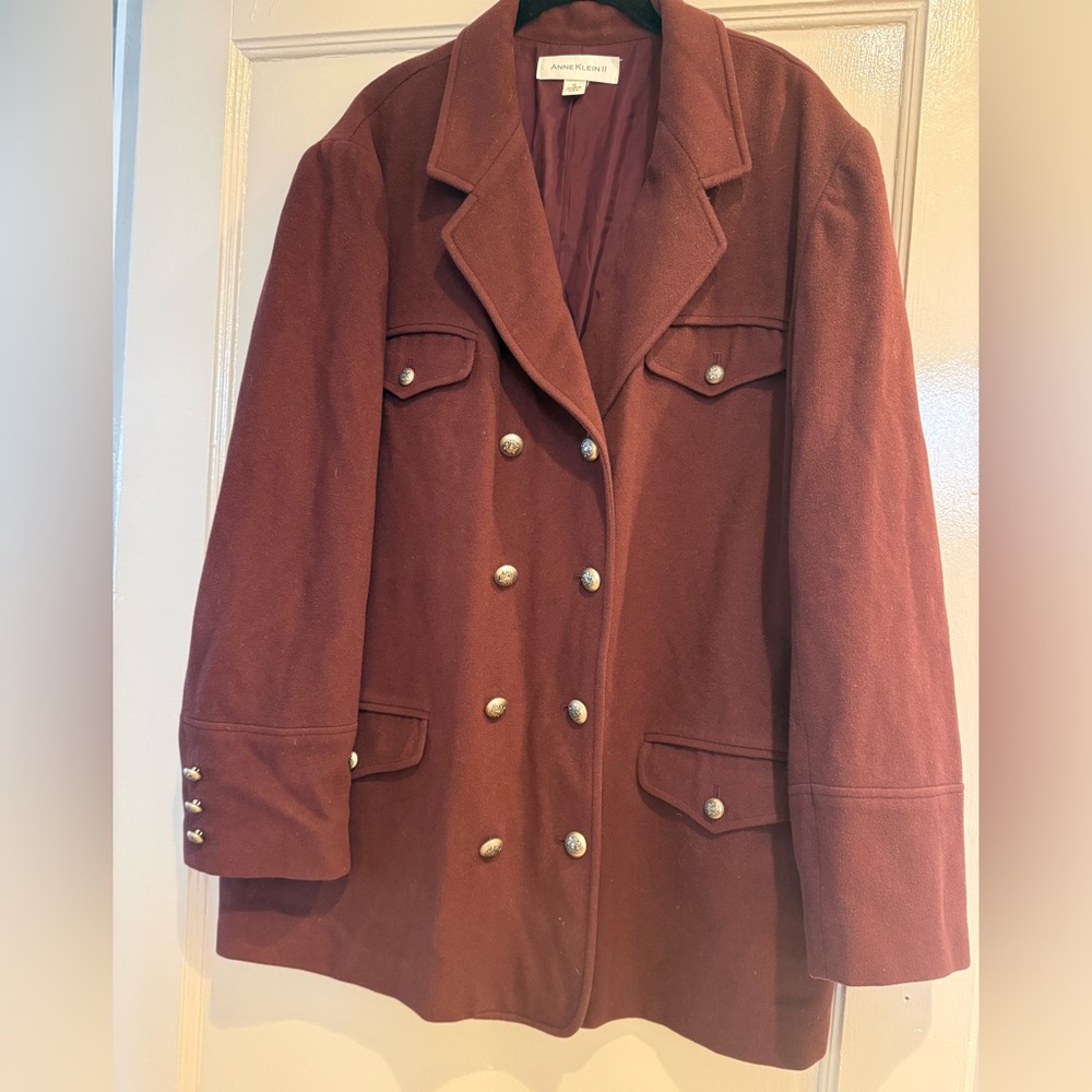 ANNE KLEIN Burgundy Wool & Cashmere Blazer Jacket crest buttons Size 16 GUC